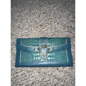 Lovecat Teal Leather  Wallet Faux Croc Embossed Card Slots Large EUC